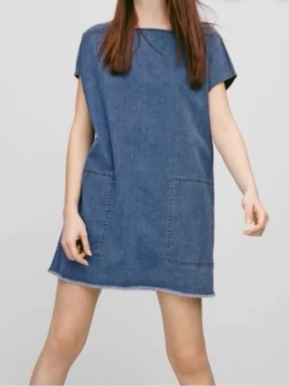 Aritzia Wilfred Free Nori Denim Mini Dress Boxy Shift Raw Hem 100% Cotton Size S